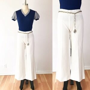 70s Wide Leg‎ White Bellbottom Pants Polyester Trousers Stretch Nautical Beach